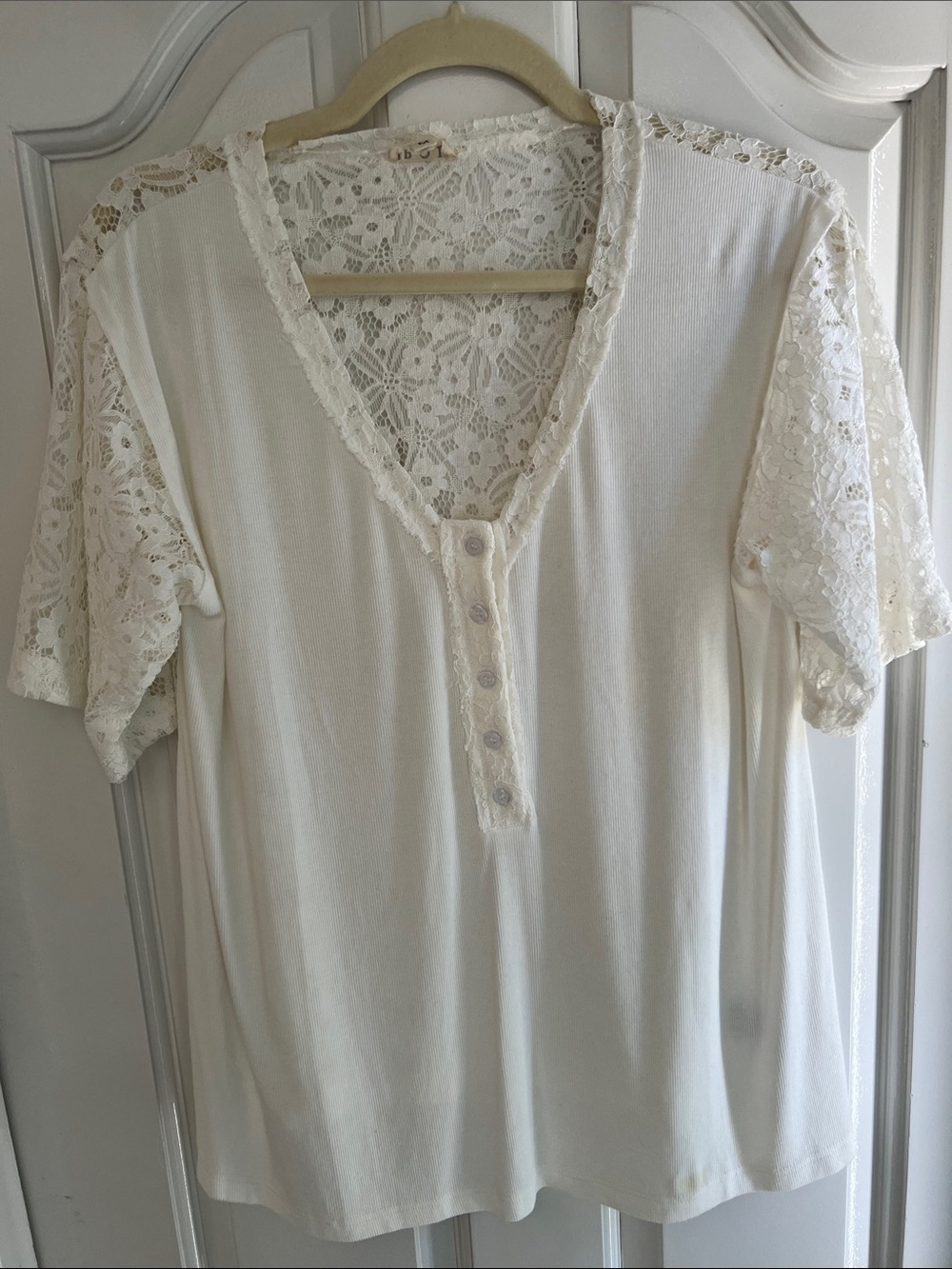 POL Lace Sleeve V-Neck Button Front Top - Ivory